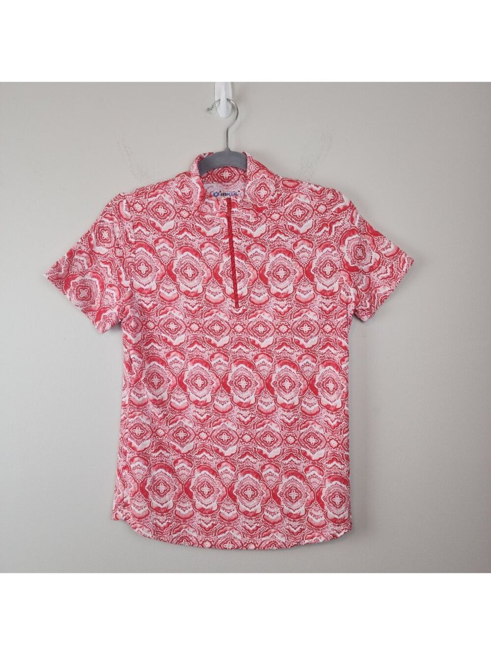 IBKUL short sleeve shirt quarter-zip mock neck sz S Red white Venetian Tiles
